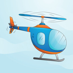 Blue cartoon helicopter flying in the sky.  Rotor vehicle, modern passenger aircraft and transportation services. Side view flat helicopter illustration.