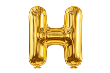 Inflatable golden letter h balloon floating on transparent background, perfect for party decorations, typography, and creative projects