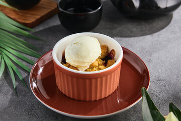 Baked cake dessert with ice cream, bright rustic lighting, overhead composition, pan-Asian style