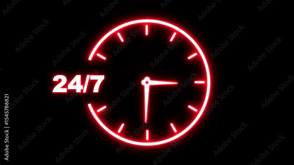 Poster neon line 24 hours service online network icon animation. all day cyclic icon. 24 hours a day and 7 