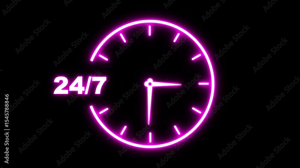Poster neon line 24 hours service online network icon animation. all day cyclic icon. 24 hours a day and 7 