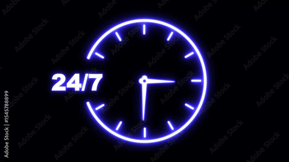 Poster neon line 24 hours service online network icon animation. all day cyclic icon. 24 hours a day and 7 