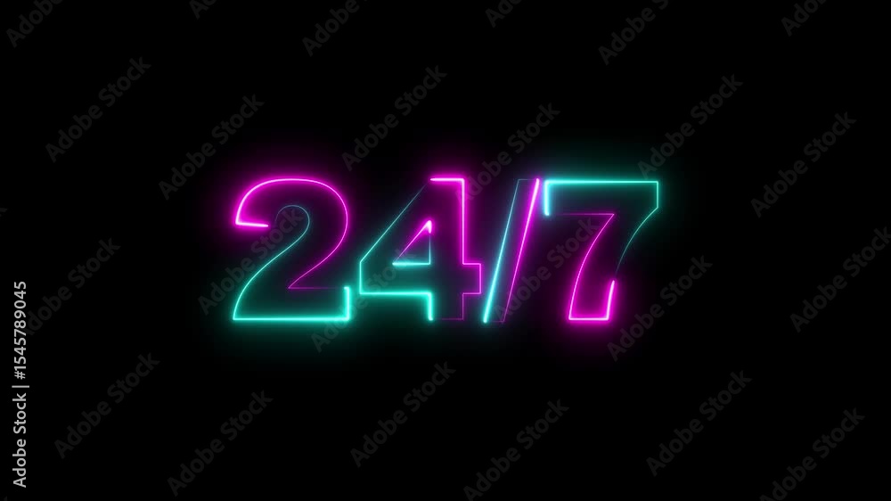 Poster anytime commercial help desk advertisement means help any hour. neon line 24 / 7 shows business alwa