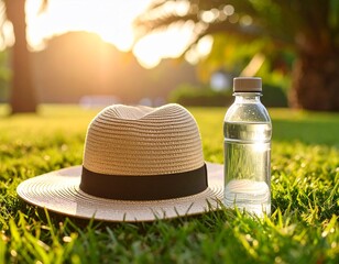 夏の休憩：日陰の芝生に置かれた麦わら帽子とスポーツドリンク - 暑い日のリフレッシュとリラックスタイム