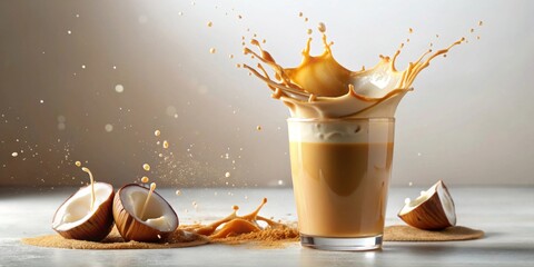 Creamy beverage splashing into a glass, accompanied by halves of coconut shells and a scattering of brown powder.