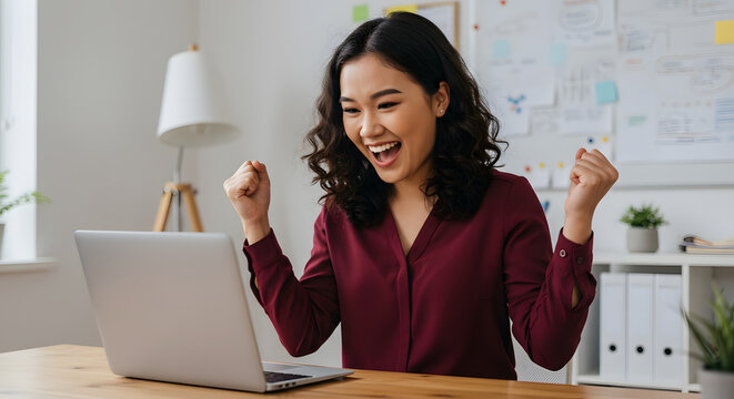 Happy businesswoman celebrates success on laptop computer at office desk feeling joy and achievement