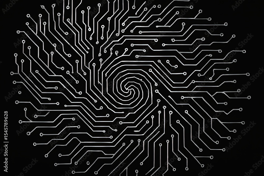 Poster abstract digital circuit board pattern in white on black background representing technology and info