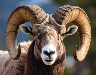 close up portrait of big horn sheep with large horns.