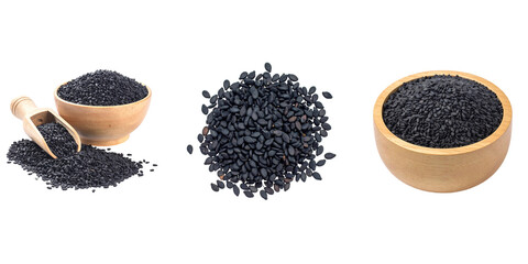 Black Sesame Seeds in Wooden Bowls and Scoop Isolated on Transparent Background