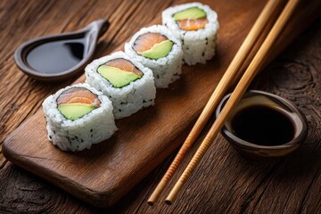Four salmon avocado sushi rolls on a wooden board, accompanied by soy sauce and chopsticks