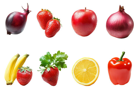 Colorful collection of fresh fruits and vegetables featuring eggplant, strawberries, apple, onion, bananas, cilantro, lemon, and bell pepper arranged artistically