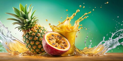 Tropical Delight Refreshing Pineapple and Passion Fruit Juice Splashing on Wood