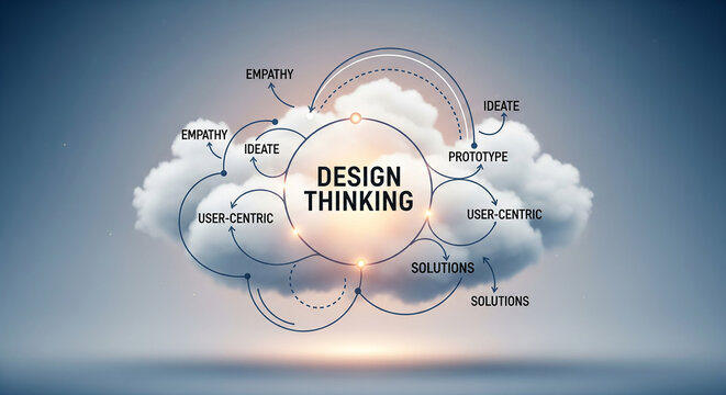 Design thinking process diagram with visual elements of brainstorming