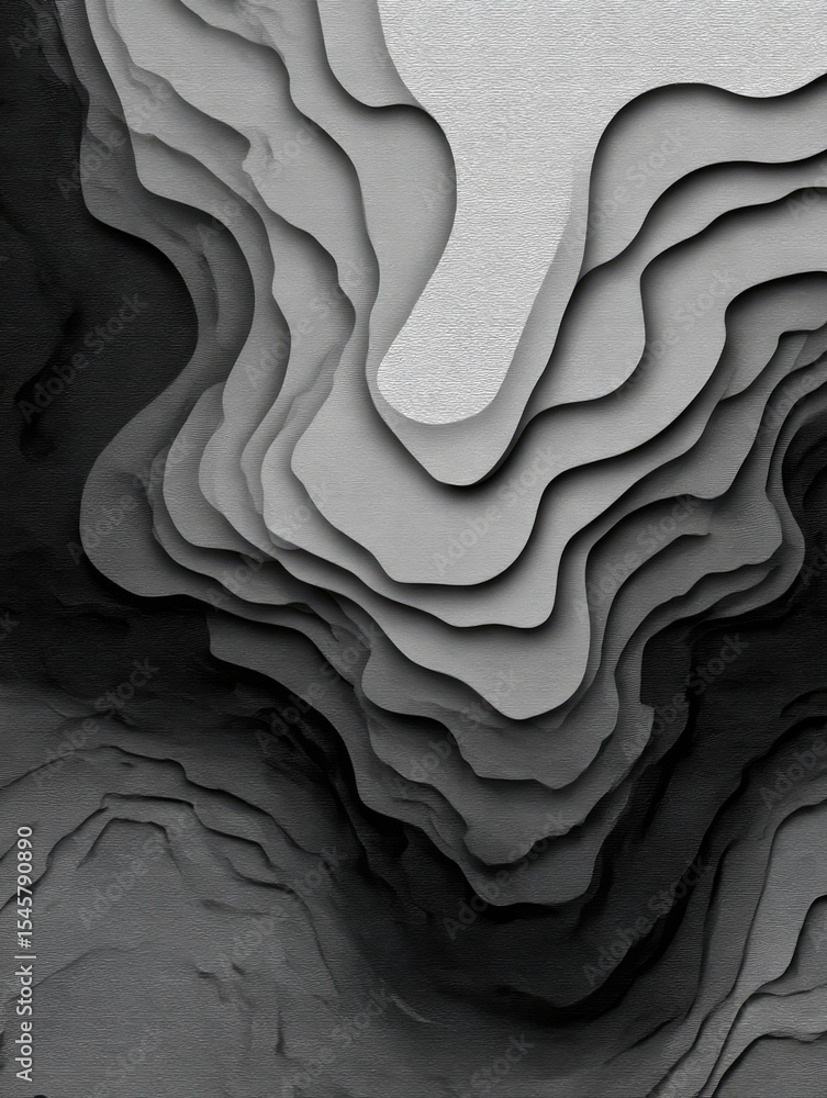 Poster monochromatic layered abstract artwork depicting undulating, grayscale forms resembling a topographi