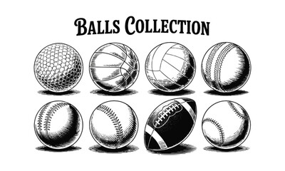 Modern vector illustration featuring a curated collection of eight different sports balls, Black and white ink drawings of eight different sports balls arranged, easily editable.