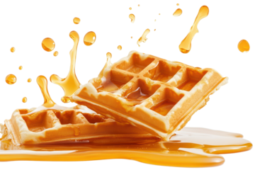 Flying waffles burst with syrup splash against a bright white background, showcasing delicious breakfast indulgence in a fun and playful way