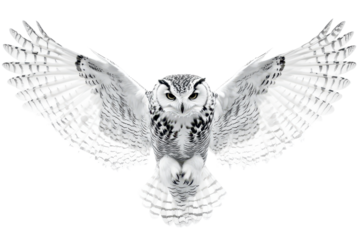 Owl in flight with majestic wings extended against a pure white background showcasing its grace and beauty during a daytime pursuit