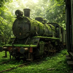 Obraz premium Urban Jungle with Abandoned Locomotive