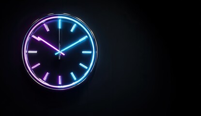 Neon clock with purple and blue glowing hands against a black background.  The clock is circular with a metallic rim