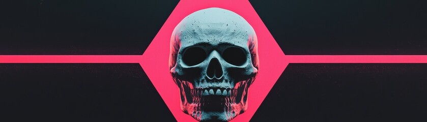 A captivating depiction of a skull within a geometric pink framework, set against a dark background.