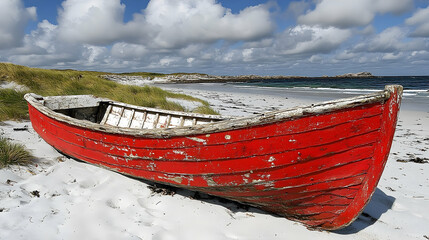 Weathered red boat on sandy beach