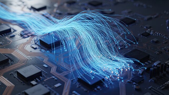 Futuristic electronic circuit board technology with flowing blue digital fiber optics illustrating data transmission