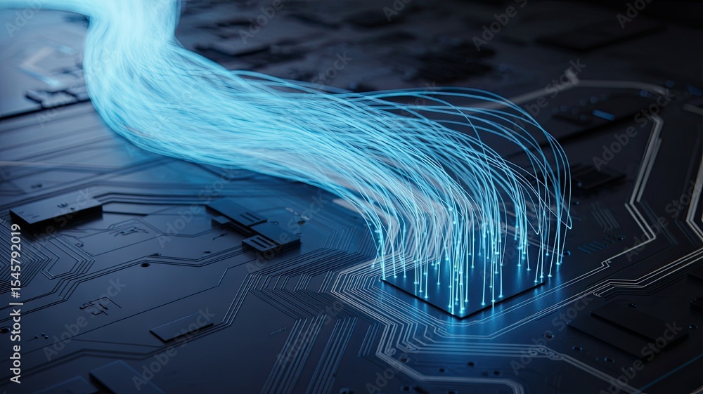 Poster futuristic representation of data transfer and electronic circuit board with glowing blue streams of