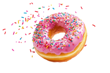 Colorful donut with sprinkles appears to be falling in mid-air against a white background enhancing its playful and delicious appeal