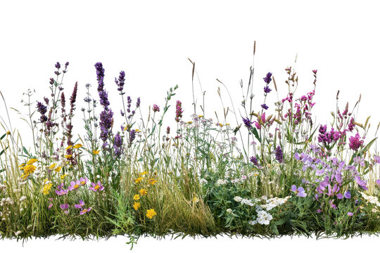 Vibrant patch of wildflowers and native grasses blooming in a natural landscape along a sunny meadow during late spring