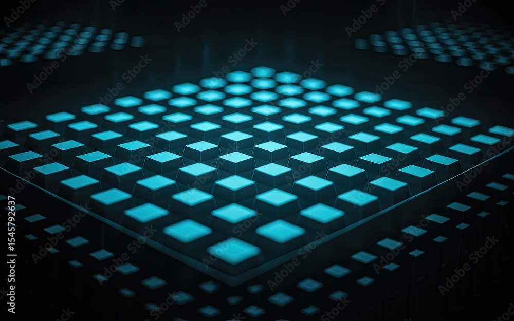 Aufkleber illuminated cube pattern formation illuminated by teal light on a dark background displaying a futur