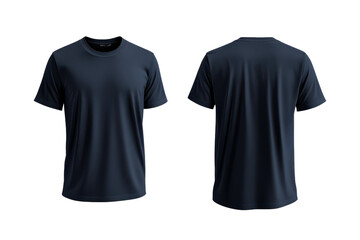 Navy blue round neck t shirt template showcasing front and back views for casual wear or promotional use in a studio setting
