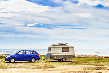 Caravan trailer camping on coast, Spain.