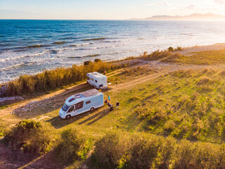 Caravan camping on coast. Aerial view