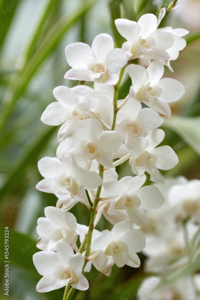 Poster a close up shot of a stem of white orchids with a blurred green background in a vertical format imag