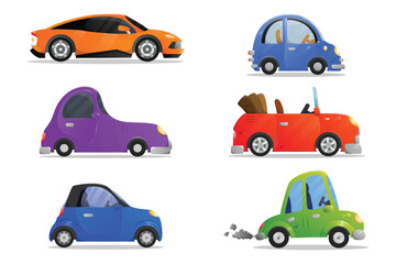 City transport passenger vehicles. Side view flat cartoon cars set. Mini Cars, sports cars, convertible cars illustration. Colorful automobiles Collection.
