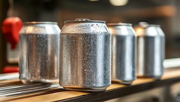 Condensation-Covered Aluminum Cans on a Conveyor Belt in a Bever