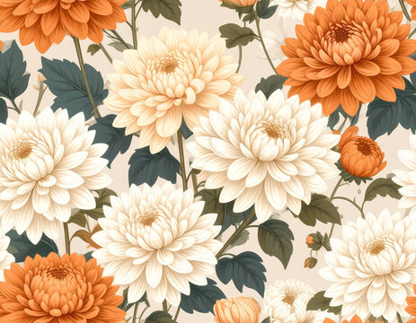 Elegant floral pattern with orange and cream chrysanthemums and dark green leaves