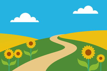 Fototapeta premium Sunflowers, Winding Road, and Summer Fields A Serene Countryside Illustration