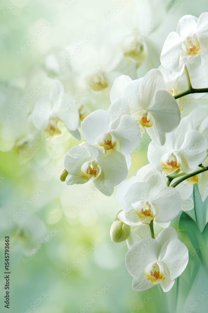 Poster a close up shot of a cluster of white orchids with a soft green and white blurred background behind 