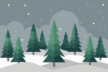 Obraz premium Snowy Winter Forest A Flat Design Illustration of Evergreen Trees in a Winter Wonderland