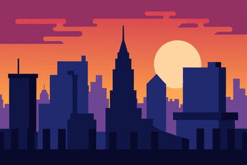 Obraz premium Sunset Cityscape Silhouette of Buildings at Dusk