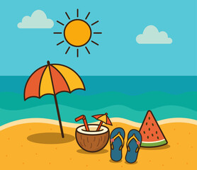 Summer Beach Scene with Coconut Drink, Umbrella, Watermelon, and Flipflop.
