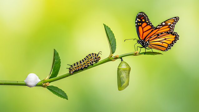 Monarch butterfly life cycle stages on branch with caterpillar chrysalis
