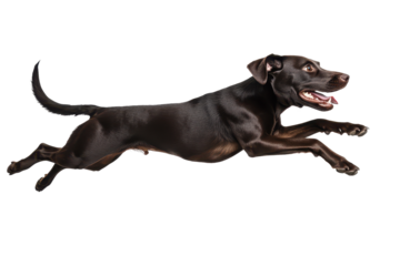 Dog joyfully running in motion, showcasing playful energy and excitement while isolated on a white background