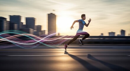 Urban Runner Dynamic Silhouette Against City Skyline at Sunset