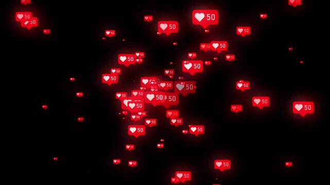 social media like counter, flying particle animation on background ,Glowing 100 Likes Notification Icons Background ,Social Media Engagement Concept, Instagram Like Icons on Black Screen