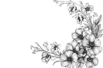 Spring flower corner border illustration featuring detailed outlines of various blooms and foliage, perfect for decorative purposes or crafting projects