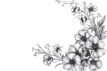 Spring flower corner border illustration featuring detailed outlines of various blooms and foliage, perfect for decorative purposes or crafting projects