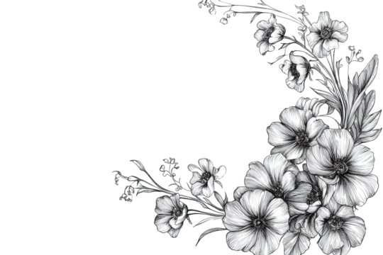 Spring flower corner border illustration featuring detailed outlines of various blooms and foliage, perfect for decorative purposes or crafting projects