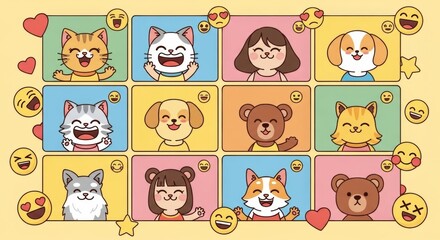 Fototapeta premium Adorable Animals and People in a Fun Virtual Meeting Illustration
